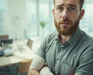 Un uomo sulla trentina con il braccio fasciato e l'espressione dubbiosa