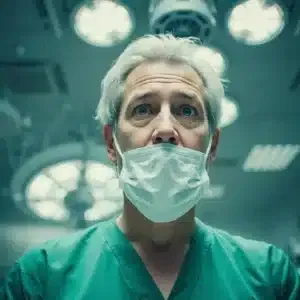 Medico di mezza età con mascherina bianca e l'espressione dubbiosa