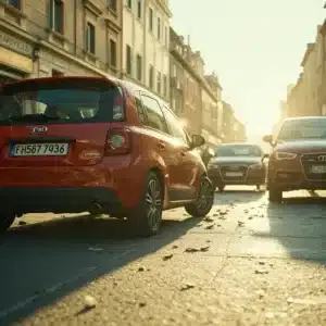 Una FIAT Panda rossa, la cui carrozzeria leggermente ammaccata per colpa di un tamponamento con un'altra auto