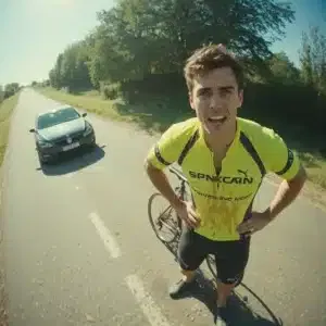 Un ciclista sportivo, con il volto infastidito, in piedi accanto alla sua bicicletta danneggiata dopo un incidente.